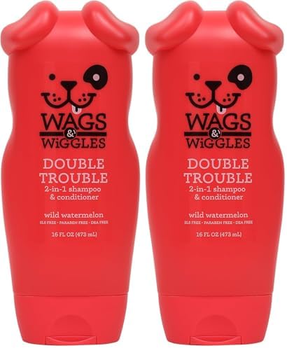 Wags & Wiggles Double Trouble 2-in-1 Dog Shampoo & Conditioner | Cleansing and Nourishing Shampoo and Conditioner for Dogs | Fruity Watermelon Scent, 16 Ounces (Pack of 2)
