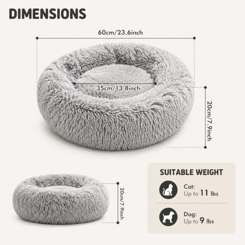 Cat Beds for Indoor Cats, Round Fluffy Cute Small Cat Bed, Washable Anti-Slip Donut Pet Bed, Round Dog Bed for Small Pets (Light Gray)