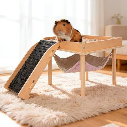 BESNEW Enlarged Guinea Pig Hammock,Bunny Ferret Hamster Small Animal Hammock for Hiding Sleeping,Wooden Guinea Pig Hammock Accessories