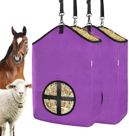 Hay Bags,Slow Feed Hay Bags for Horses,Goats,Donkeys with Reinforced Oxford Fabric and High Strength Metal Clasp,Horse Feeding Supplies with Strap for Easy Hanging (2 Purple)