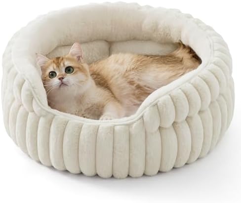 Bedsure ComfyFleece™ Washable Cute Cat Bed,Soft Round Kitten Bed,20in,Cream