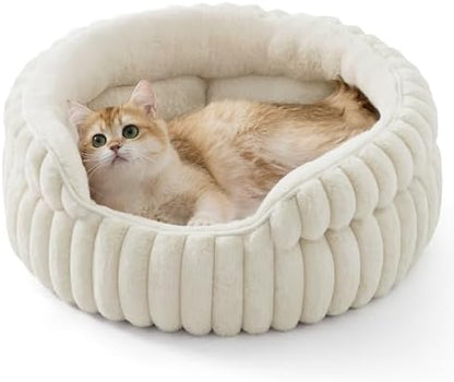 Bedsure ComfyFleece™ Washable Cute Cat Bed,Soft Round Kitten Bed,20in,Cream