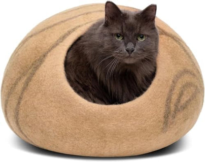 MEOWFIA Cat Cave - Merino Wool Bed for Indoor Cats (Beige, Large)