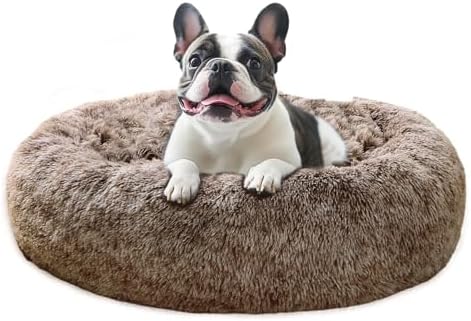 JOLLYVOGUE Calming Dog Bed Medium Size Dog, 31in Donut Washable Medium Pet Bed, Anti-Slip & Anti-Anxiety Fluffy Faux Fur Round Dogs Bed, Fits up to 45 lbs Pets (Smoke Brown)