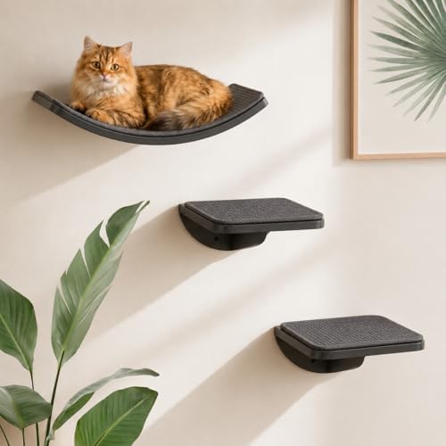 Cat Wall Shelves for Large Cats Set, Grey Curved Wall Sisal Bed and 2 Floating Wall Sisal Steps, Wall Mounted Climbing Shelves for Sleeping, Playing, and Lounging