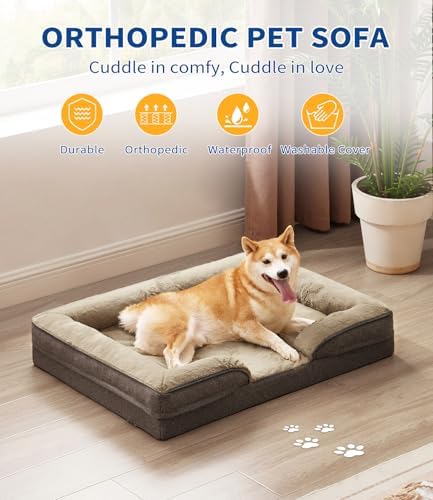 Made4pet Dog Bed Orthopedic Dog Sofa for Large Dogs,Supportive Foam Pet Cushions Bed with Washable Removable Cover, Egg-Crate Foam, Waterproof Lining Bottom, Brown, 35 * 23 * 6.5 Inch