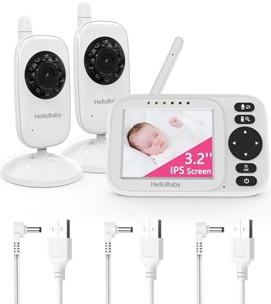 HelloBaby Baby Monitor with 2 Cameras 3.2" Screen, No WiFi, USB Cable