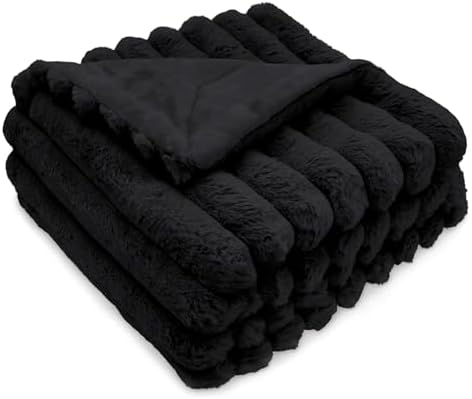 DEZ FURNISHINGS Luxury Reversible Textured Stripe Faux Fur & Velvet Throw Blanket, Twin (66" x 90"), Black