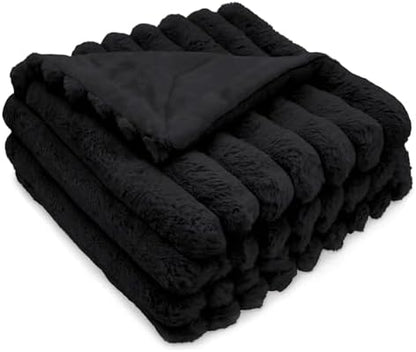 DEZ FURNISHINGS Luxury Reversible Textured Stripe Faux Fur & Velvet Throw Blanket, Twin (66" x 90"), Black