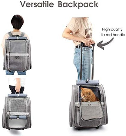 Lollimeow Pet Rolling Carrier, Dog Backpack with Wheels,Cats,Puppies Travel Bag with Wheels,Dog Trolley(Grey)