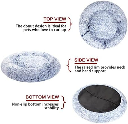 Bedfolks Calming Fluffy Donut Dog Bed for Medium Dogs,Navy Blue, 30" Round