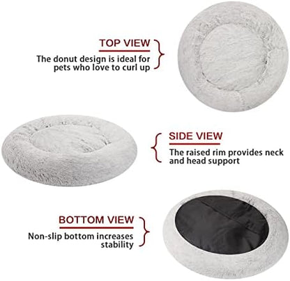 Bedfolks Calming Fluffy Donut Dog Bed for X-Large Dogs,Light Grey,45" Round