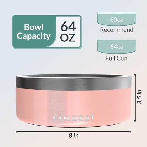 Coldest Dog Bowl - Anti Rust Metal, Non Slip, 3 Layers Insulated Stainless Steel Dog Bowls - Spill Proof & Heavy Duty - Water Bowl for Dogs, Cats & Pets, Dish Washer Safe (64 oz, Forever Pink Glitter)