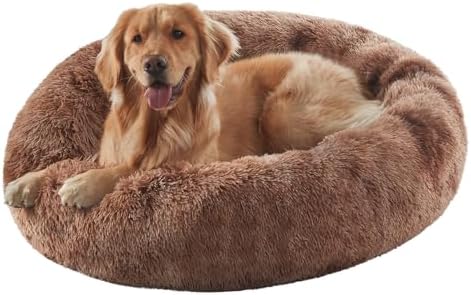 36 in Faux Fur Fluffy Donut Dog Bed for Large Dogs,Tie-dye Brown