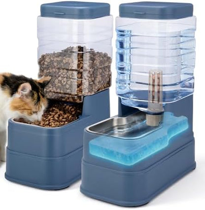 2 Pack Automatic Cat Feeder and Water Dispenser 1.3Gallon Dog Gravity Food Feeder and Water with Ice Pack Stainless Steel Dry Food and Waterer Bowl for Small Medium Large Pets (Blue)