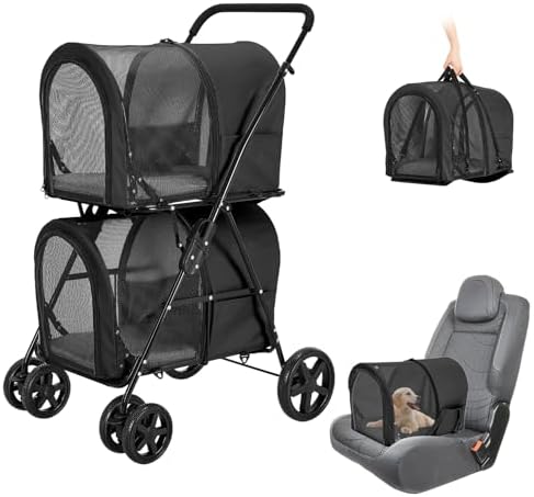 Double Pet Stroller for 2 Cats or 2 Dogs with Detachable Carriers