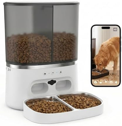Automatic Cat Feeder with Camera, Automatic Dog Feeder Dry Food, 8L Dual Hopper Auto Cat Food Dispenser, 1080P HD Video with Night Vision/2-Way Audio/APP, 5G WiFi Pet Feeder with Low Food Tray-White