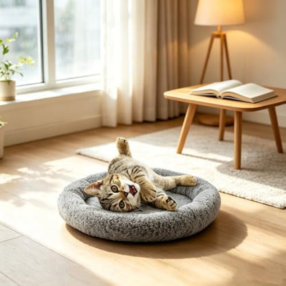 Cat Bed Mat for Indoor Cats, Soft Pet Bed with Surround Pillow, Kitten Puppy Rabbit Sleeping Self-Warming Pad, Non-Slip Cushion for Cat Tree/Crate/Window Sill, Washable, Diameter 11.81"