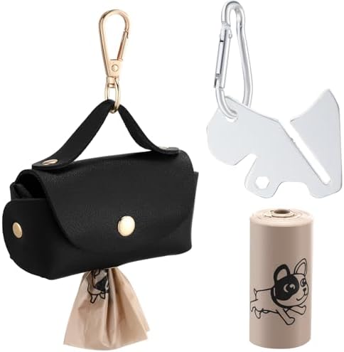 Affrolling 5 Pcs Leather Dog Poop Bag Holder Christmas Include 45 Scented Poop Bags Dispenser Cute for Travel Walking Dog Park and Outdoor Use(Black)