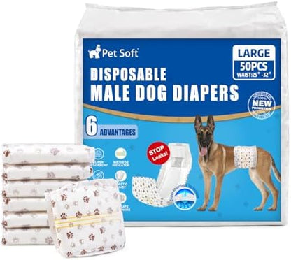Pet Soft Dog Diapers Male - Disposable Male Dog Wraps Wetness Indicator, Ultra Absorbent Doggie Diapers Comfortable for Incontinence Excitable Urination, 50pcs Large