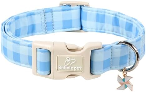 Boy Dog Collar Blue Gingham Dog Collars for Large Dogs - Lightweight Adjustable Spring/Summer Plaid Male Female Dogs Everyday Collar with Safety Buckle L