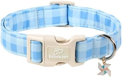 Boy Dog Collar Blue Gingham Dog Collars for Large Dogs - Lightweight Adjustable Spring/Summer Plaid Male Female Dogs Everyday Collar with Safety Buckle L