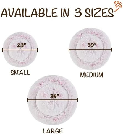 Friends Forever Donut Dog Bed Faux Fur Fluffy Calming Sofa For Medium Dogs, Soft & Plush Anti Anxiety Pet Couch For Dogs, Machine Washable Coco Pet Bed with Non-Slip Bottom, 30"x30"x7" Pink