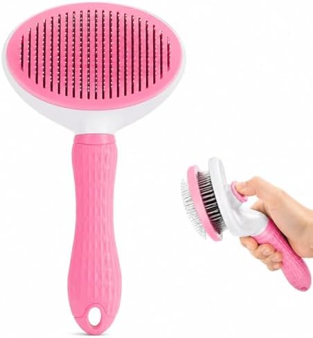 Pet Grooming Deshedding Brush, Self-Cleaning Massaging Brush for Dogs and Cats, Short and Long Hair (Pink)