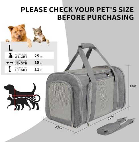 Cat Carrier, Soft-Sided Airline Approved Pet Carrier Case with 4 Ventilated Windows for Cats and Dogs Under 10-25Lbs (17.0 L x 11.0 W x 11.0 H Inch, Grey)