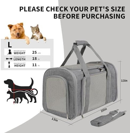 Cat Carrier, Soft-Sided Airline Approved Pet Carrier Case with 4 Ventilated Windows for Cats and Dogs Under 10-25Lbs (17.0 L x 11.0 W x 11.0 H Inch, Grey)