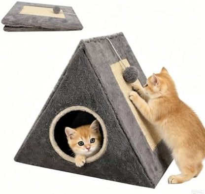 Cat Beds for Indoor - 2 in 1 Cat Cave House Tent for Kittens and Small Pets with Fluffy Ball Hanging and Scratch Pad,Foldable Kitten Hideaway with Non-Slip Bottom, Grey, 17 inches
