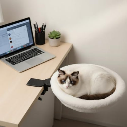 Cat Bed for Desk – Under-Table Cat Hammock with 2 Replacement Beds, Removable Zipper Faux Fur Covers, Easy to Install, Supports Up to 50lbs