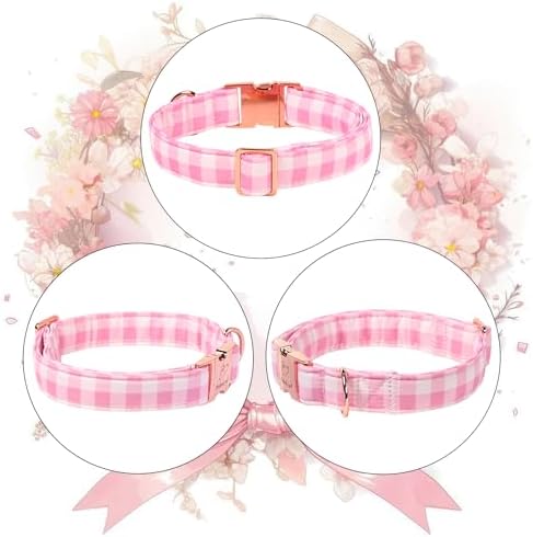 Girl Dog Collar, Classic Pink Gingham Dog Collars - Soft Adjustable Spring Summer Everyday Collars for Small Medium Large Dogs, Sweet Checkered Female Dogs Collar XL