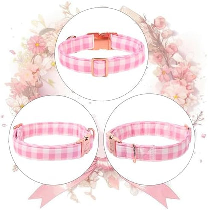 Girl Dog Collar, Classic Pink Gingham Dog Collars - Soft Adjustable Spring Summer Everyday Collars for Small Medium Large Dogs, Sweet Checkered Female Dogs Collar XL