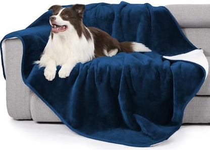 gogobunny Waterproof Bed Blanket, Reversible Sherpa Fleece Throw Blanket for Dog Puppy Cat, Furniture Cover Protects Bed Couch Sofa from Liquid Pee and Pet Fur (Navy Blue, 90x90 inches)