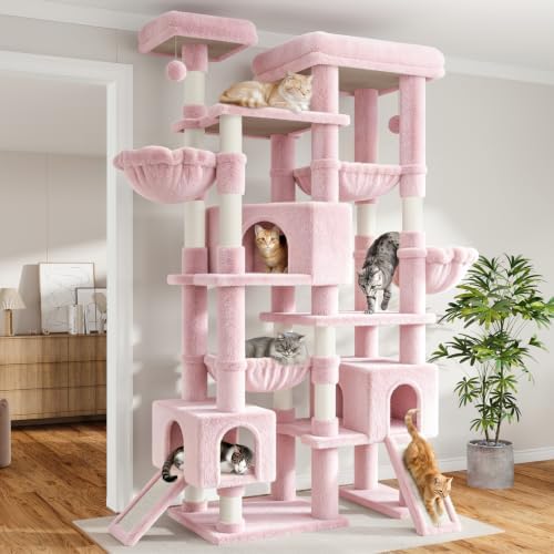 Sha Cerlin 87 in Multi-Level Tall Cat Tree Tower for Large Cats/Extra Wide Feline Activity Center/Sisal Scratching Posts/Wide Base/Cozy Plush Perches/Baskets/Hammocks/Toy Balls/Pink
