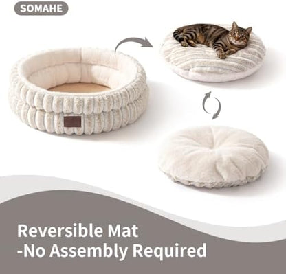 SOMAHE Cat Bed for Indoor Cats, Washable Round Plush, 20x20 Cream