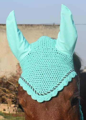 Elegant Horse Ear Bonnet, Fly Veil & Fly Mask – Superior Fly Protection with Style and Comfort for Every Ride (Mint Green, Horse/Full)