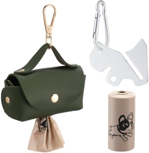 Affrolling 5 Pcs Leather Dog Poop Bag Holder Christmas Include 45 Scented Poop Bags Dispenser Cute for Travel Walking Dog Park and Outdoor Use(Dark Green)