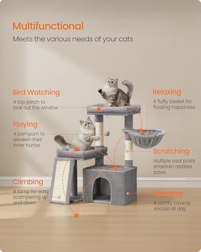 Feandrea Cat Tree, 33.8" Cat Tower, Scratching Posts and Ramp, Dove Gray