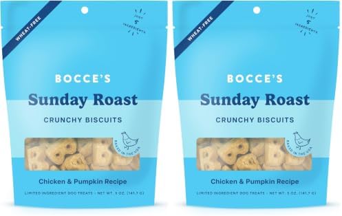 Bocce's Bakery Oven Baked Sunday Roast Treats for Dogs, Everyday Wheat-Free Dog Treats, Made with Real Ingredients, Baked in The USA, All-Natural Chicken & Pumpkin Biscuits, 5 oz (Pack of 2)