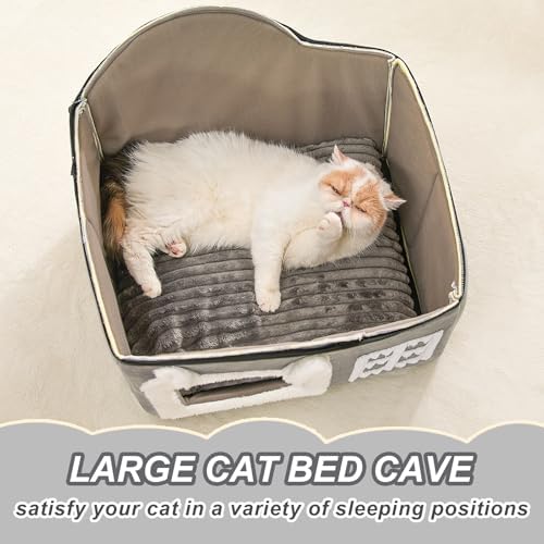 Jiupety Bear Cat Houses for Indoor Cats, Chimney Cute Cat Bed Cave, Enough Interior Space, Cartoon Soft Pet House Up to 3-10 lbs Kitten, Gray