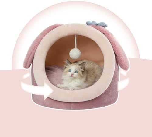 Jiupety Cute Cat Bed for Indoor, Cats Warm Soft Cave Fit for 6-10 lb Cat, Pink Rabbit, M