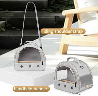 Bird Carrier, Portable Small Bird Parrot Parakeet Carrier with Standing Perch and Stainless Steel Tray, Side Access Window Collapsible (Grey, Horizontal Perch)