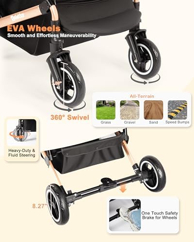 Dog Stroller for Medium Dogs Up to 52 Lbs, Cats Stroller for 2 Cats, 3 in 1 Pet Stroller with Bag Holder for Leashes, 3-Roll Poop Bags, 600D Waterproof Oxford Fiber, Adjustable Handle (Black)
