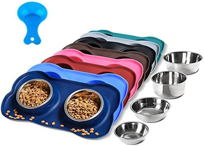 Hubulk Pet Dog Bowls 2 Stainless Steel Dog Bowl with No Spill Non-Skid Silicone Mat + Pet Food Scoop Water and Food Feeder Bowls for Feeding Small Medium Large Dogs Cats Puppies (Large, Navy Blue)