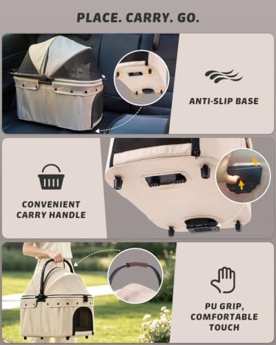 797Audio Dog Cat Stroller for Small Medium Pets,3-in-1 Foldable Pet Stroller with Detachable Carrier,Car Seat,One Click Folding,All-Terrain 4 Wheels,Adjustable Canopy with Sun Shades,Max 121lbs(Beige)