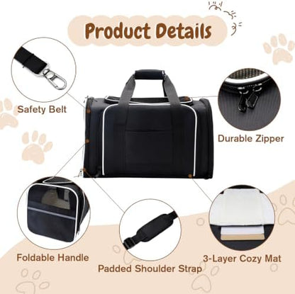 Double Expandable Cat Carrier,Airline Approved Soft-Sided Pet Travel Carrier for Small Dogs Cats Under 15 lbs,Waterproof 600D Oxford Fabric with Washable Replacement Liner,Odor-Free & Claw-Proof Black