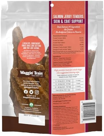Waggin' Train Salmon Jerky Dog Treats for Skin and Coat Support, Made with 100% Real Salmon, No Grains and No Artificial Flavors or Colors, High Protein Dog Treat, Easily Digestible, 12 oz. Pouch