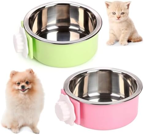 kathson Crate Dog Bowl, Removable Stainless Steel Hanging Pet Cage Bowl Food & Water Feeder Coop Cup for Cat, Puppy, Birds, Rats, Guinea Pigs (2 PCS, Size: M, Green and Pink)